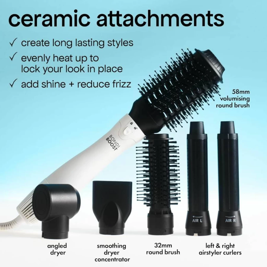 BONDIBOOST Everlast Airstyler System - 6-in-1 Hair Dryer Brush with Curlers, Round Brushes & Attachments for All Hair Types, Adjustable Heat & Airflow Settings for Wet to Dry Styling