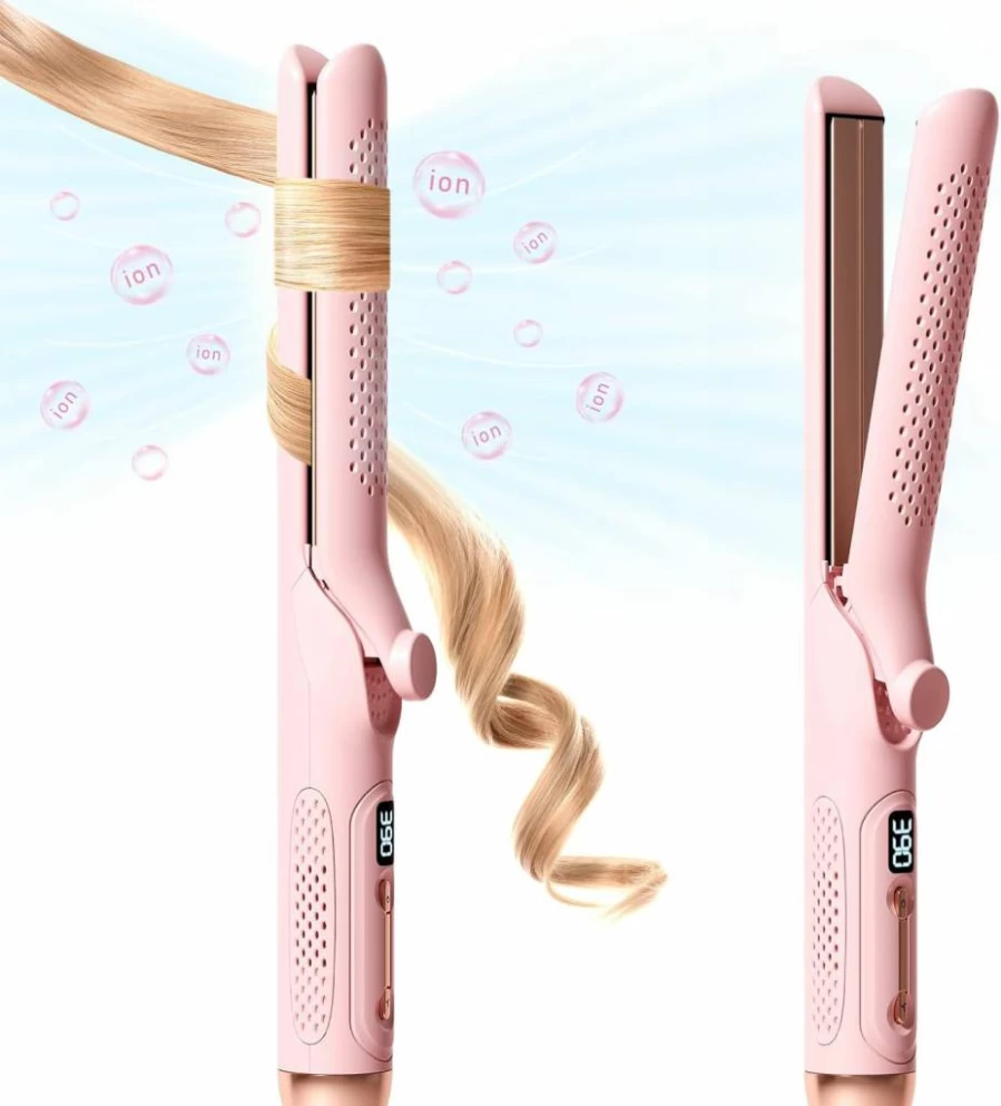 Hahahope 2-in-1 Hair Straightener & Curling Iron Wand - 1.25 Inch Barrel, 360° Airflow Styler, 20M Negative Ions, 5 Temperature Settings, Dual Voltage, Auto Shutoff (Pink)