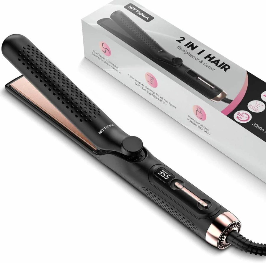 HITTIONA 2-in-1 360 Airflow Styler: 1.25" Curling Iron & Hair Straightener with Vented Cool Air, Dual Voltage Travel Flat Iron, LCD Display for Salon-Worthy Styling