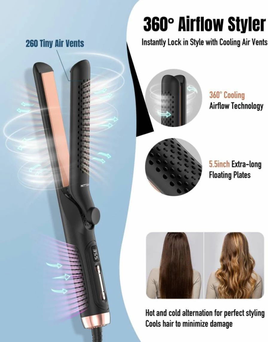 HITTIONA 2-in-1 360 Airflow Styler: 1.25" Curling Iron & Hair Straightener with Vented Cool Air, Dual Voltage Travel Flat Iron, LCD Display for Salon-Worthy Styling