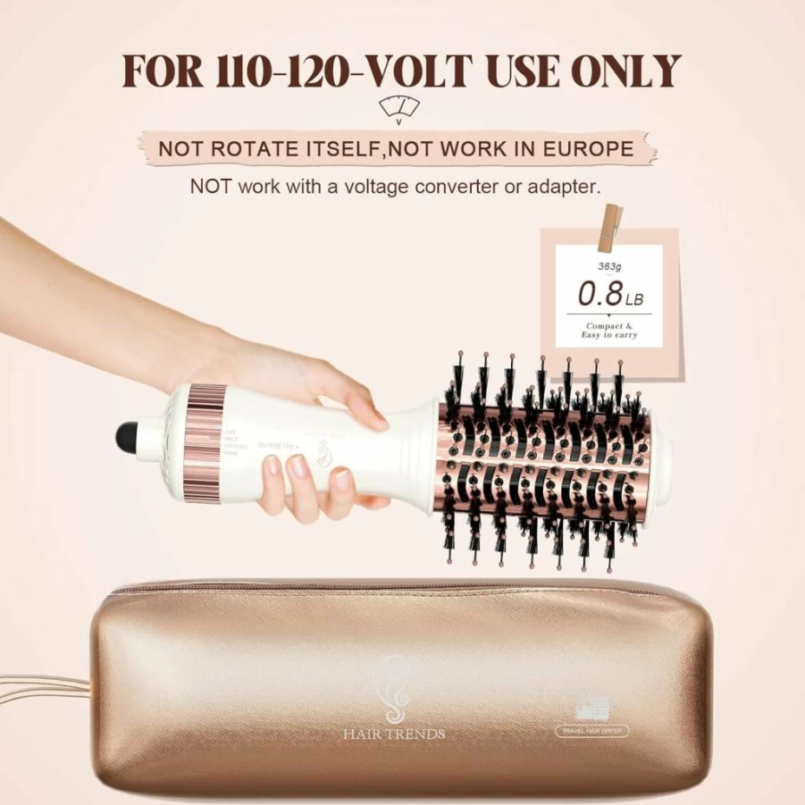 Hair Trends Nano Titanium Travel Hair Dryer Brush - 2 Inch Mini Oval Hot Air Styler & Volumizer for One-Step Drying, White & Rose Gold (Hb004)