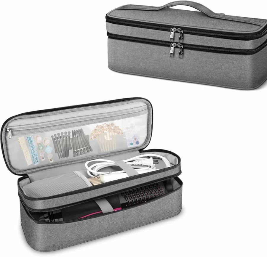 SITHON Double-Layer Water Resistant Travel Bag for Shark Flexstyle, Smoothstyle & Airwrap Styler, Compatible with Revlon One-Step Hair Dryer - Gray Storage Organizer Case