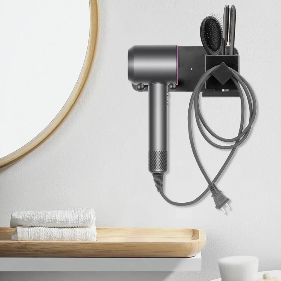 TWIZIUAO Wall-Mounted Hair Dryer Holder, Stainless Steel Bathroom Organizer for Hair Tools & Makeup Storage, Space-Saving Countertop Tray for Curling Irons and Accessories