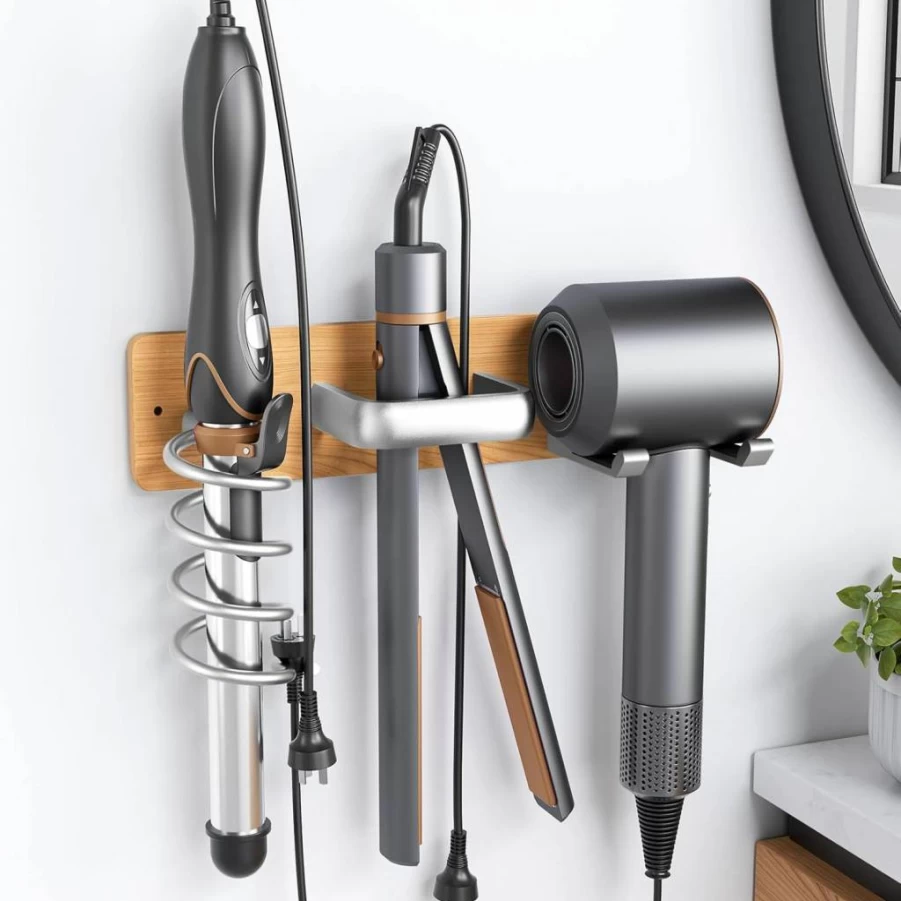 Tindbea 3-in-1 Wall Mount Hair Tool Organizer - Brushed Nickel Holder for Hair Dryer, Curling Iron & Flat Iron, Universal Bathroom Storage Rack