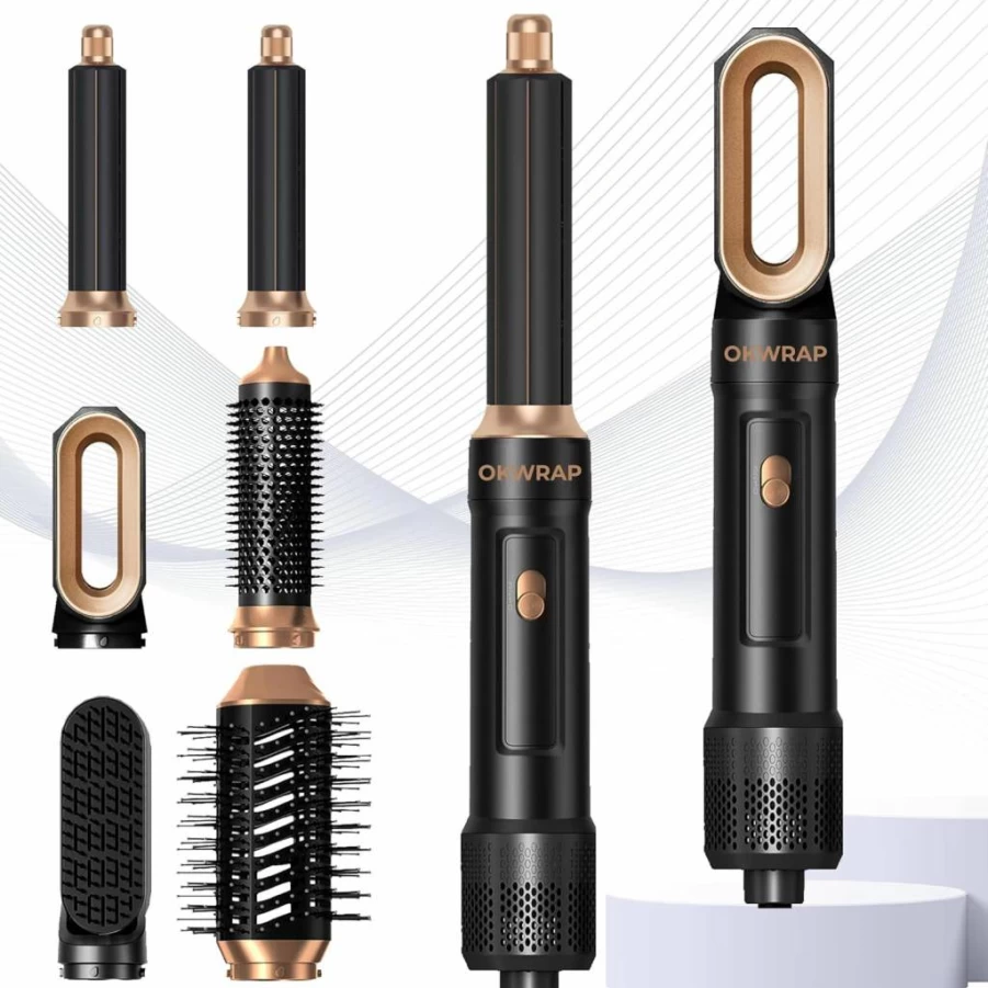 OKWRAP 6-in-1 Ionic Hair Dryer Brush & Curling Iron, 1000W Blowout Styler for Women, Golden Champagne Air Styler for Frizz-Free Blowouts