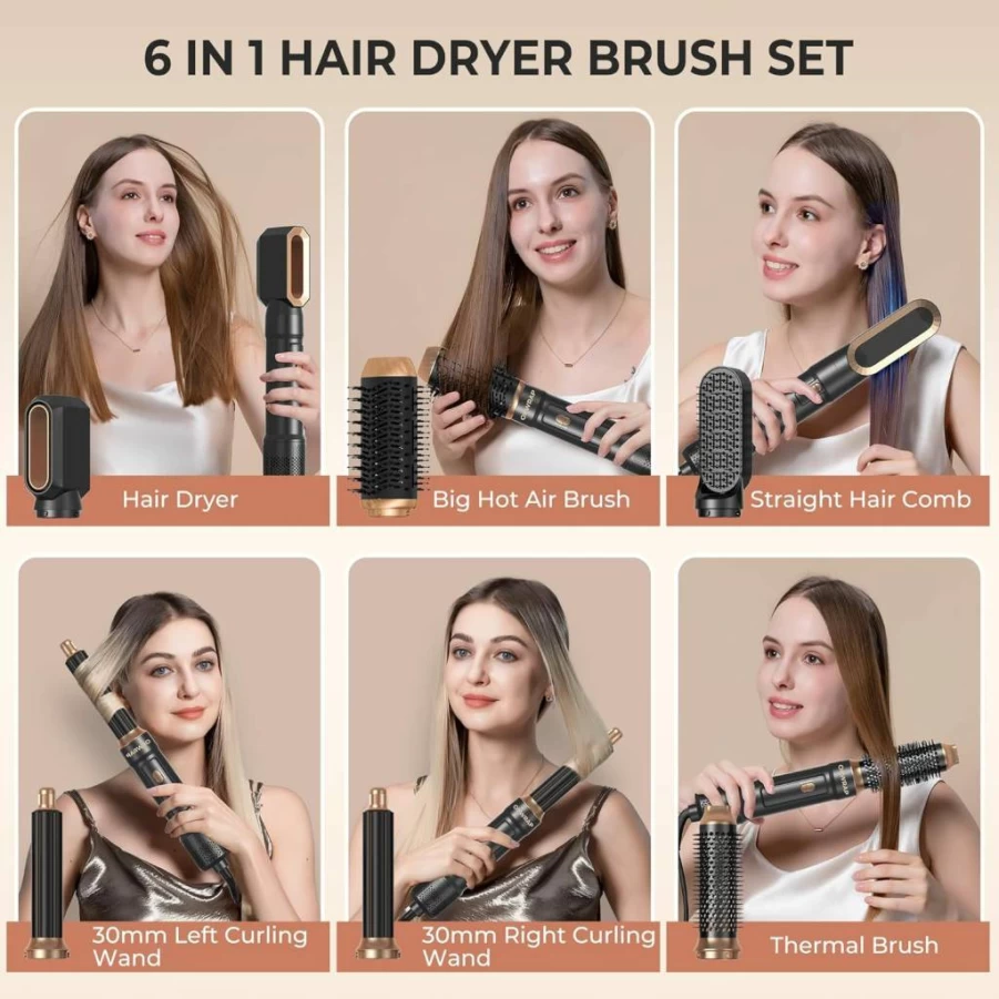 OKWRAP 6-in-1 Ionic Hair Dryer Brush & Curling Iron, 1000W Blowout Styler for Women, Golden Champagne Air Styler for Frizz-Free Blowouts