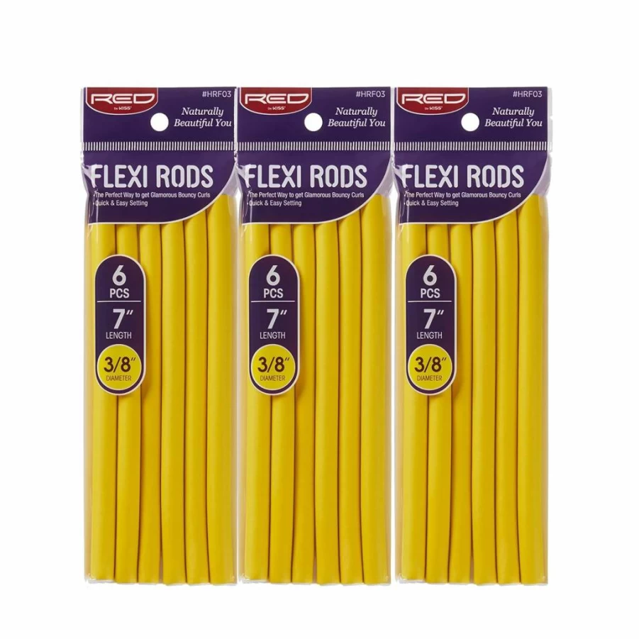 Red by Kiss Flexi Rods 7 Inch Heatless Hair Curlers - 3/8 Inch Diameter No-Slip Rollers for 90s Curls, Beach Waves, Overnight Styling (6 Rods X 3 Packs)