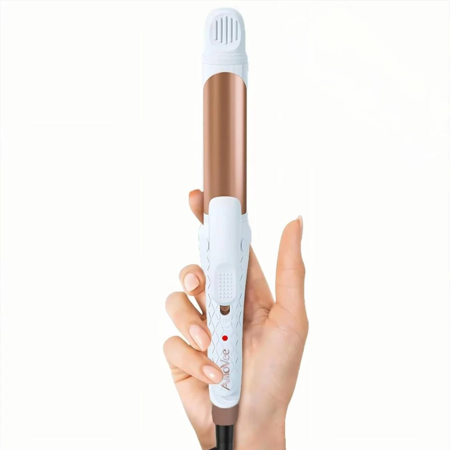 AmoVee Dual Voltage 2-in-1 Travel Curling Iron - 1 Inch Hair Curler for Women, White - Worldwide Styling for European & International Travel