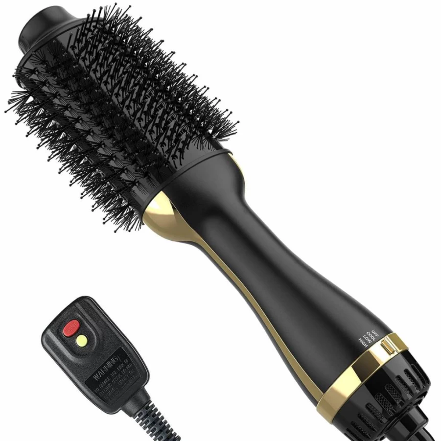 Dimecano 4-in-1 Hot Air Hair Brush with Negative Ion Technology for Frizz-Free Drying, Straightening & Volumizing - Black Gold Professional Styler