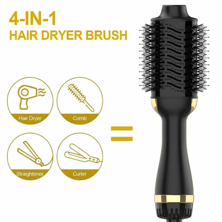 Dimecano 4-in-1 Hot Air Hair Brush with Negative Ion Technology for Frizz-Free Drying, Straightening & Volumizing - Black Gold Professional Styler