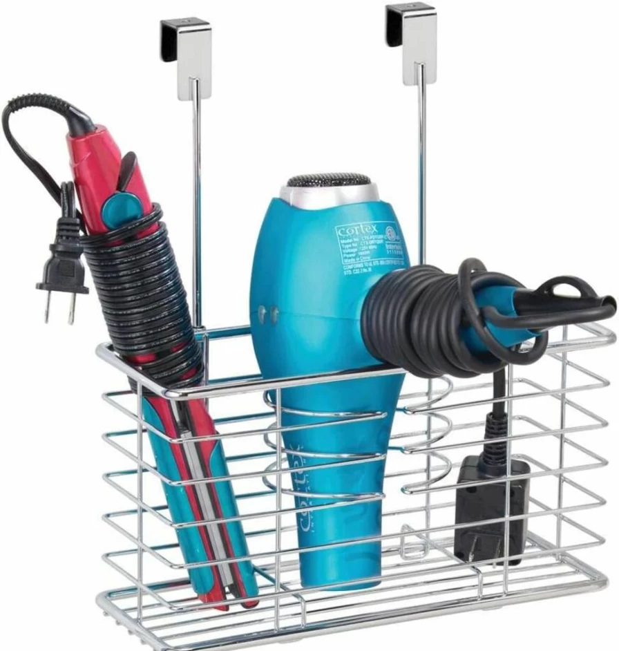 mDesign Chrome Over Cabinet Hair Dryer Holder - 5.2 x 10.2 x 12.3 Inch Steel Storage Organizer for Bathroom