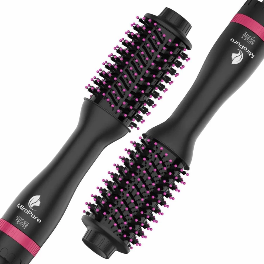 MiroPure 4-in-1 Hair Dryer Brush with 4 Speed & Heat Settings, Hot Air Styler for Frizz-Free Smooth Blowout, Volumizing Straightener Brush (Black Red)