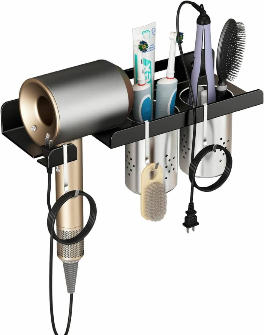 Junyuan Wall-Mounted Hair Tool Organizer with Self-Adhesive, Stainless Steel Blow Dryer Holder for Dyson, Bathroom & Bedroom Storage, 4" Compact Design for Small Spaces