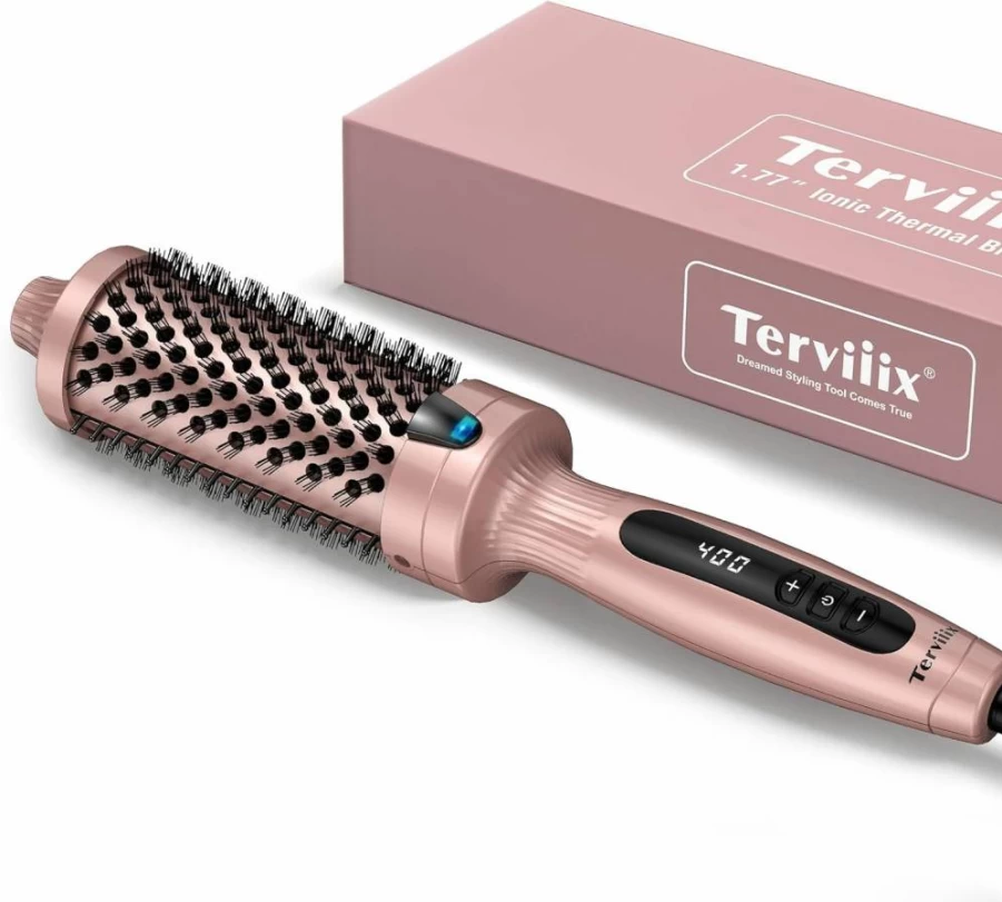 Terviiix 1.77 Inch Ceramic Tourmaline Hot Brush & Curling Wand, Digital Display with 9 Temperature Settings, Dual Voltage Ionic Heated Styler for Long Hair