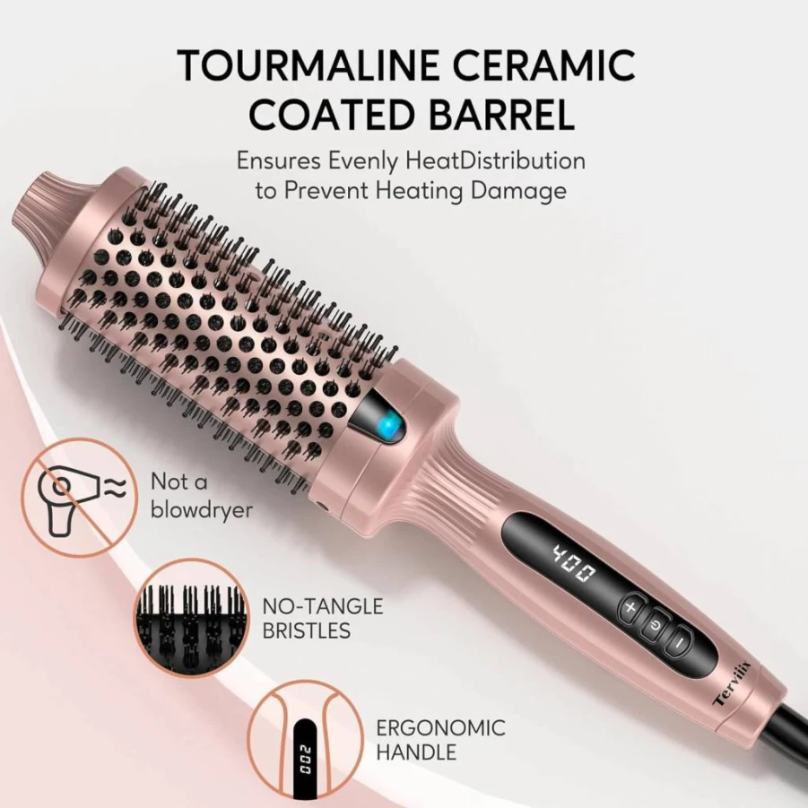 Terviiix 1.77 Inch Ceramic Tourmaline Hot Brush & Curling Wand, Digital Display with 9 Temperature Settings, Dual Voltage Ionic Heated Styler for Long Hair