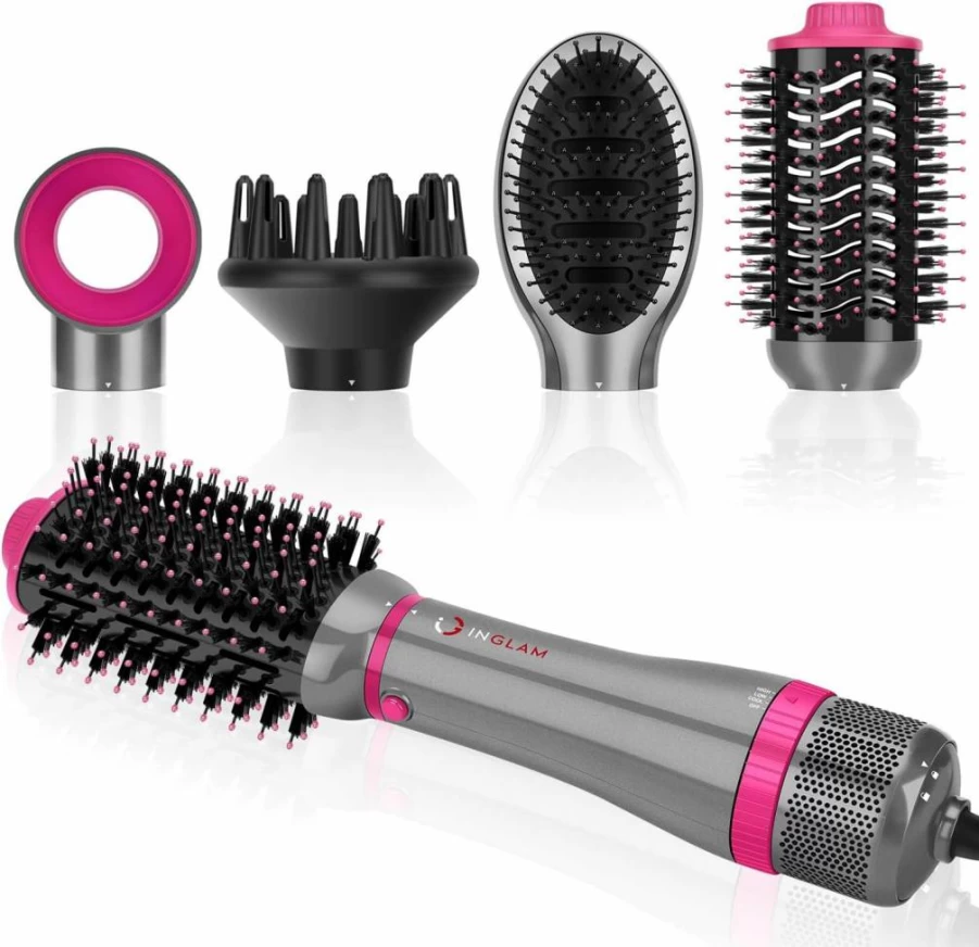 IG INGLAM 4-in-1 Detachable Hair Dryer Brush Set with Negative Ion Technology, Volumizing Styler & 2 Brush Heads - Pink