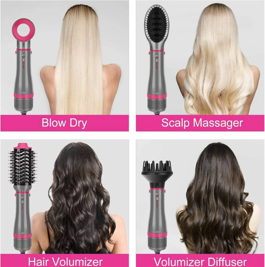 IG INGLAM 4-in-1 Detachable Hair Dryer Brush Set with Negative Ion Technology, Volumizing Styler & 2 Brush Heads - Pink