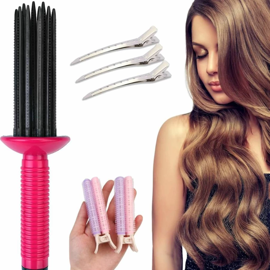 FWUNYVN Curling Roll Comb for Voluminous Curls & Fluffy Bangs - Hair Styling Tool with 2 Bang Clips & 3 Seamless Root Clips for Traceless Hold
