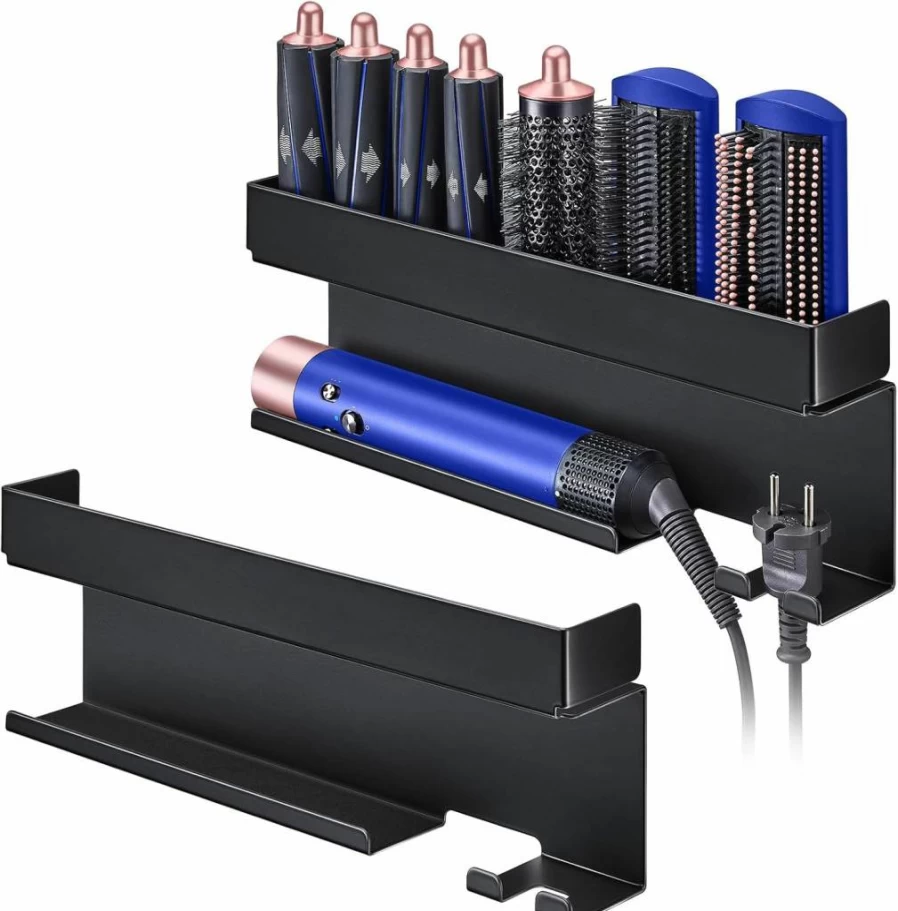 XILIMEN Wall Mount Hair Tool Organizer - 7-in-1 Adhesive Holder for Curling Irons, Straighteners & Hair Dryers, Black Storage Solution