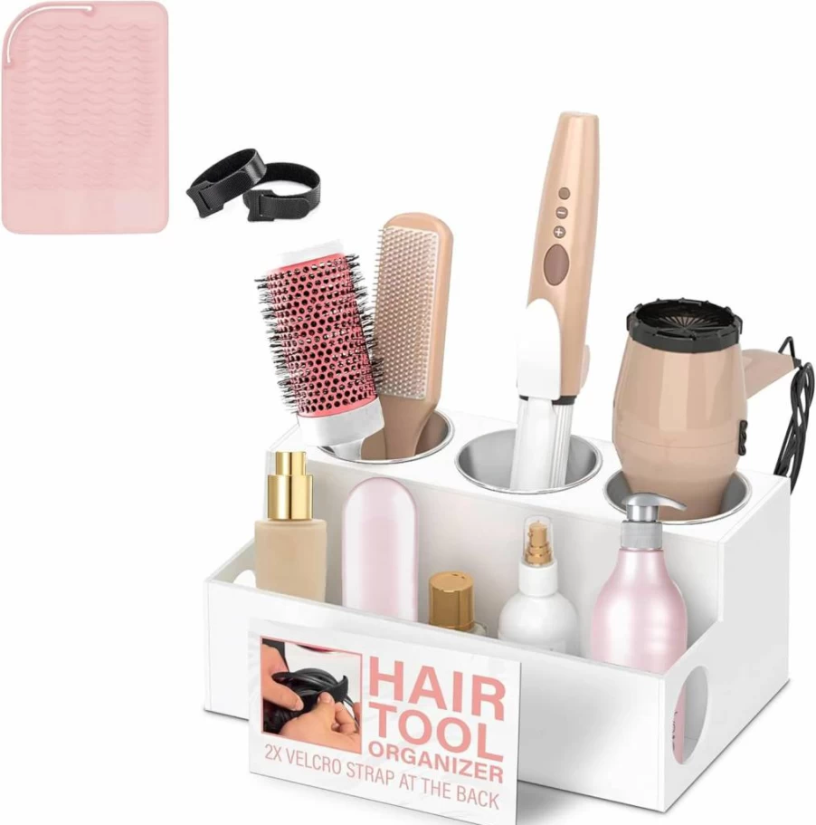 Casavita Heat Resistant Hair Tool Organizer for Blow Dryers, Curling Irons & Flat Irons - White Bathroom Countertop Holder for Makeup and Toiletries