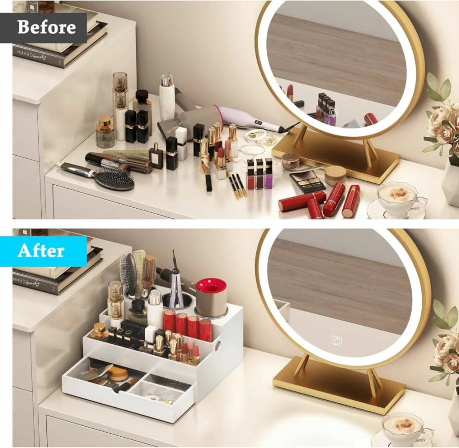 QooWare Wooden Hair Tool Organizer with Drawer & 3 Stainless Steel Cups - Bathroom Vanity Storage for Hair Dryers, Styling Tools, Brushes & Cosmetics, White