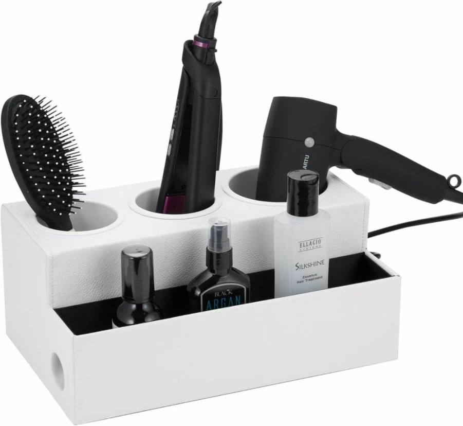 J JACKCUBE DESIGN Hair Dryer Holder - White Bathroom Countertop Organizer with 3 Holes for Styling Tools & Accessories Storage | Model MK154D
