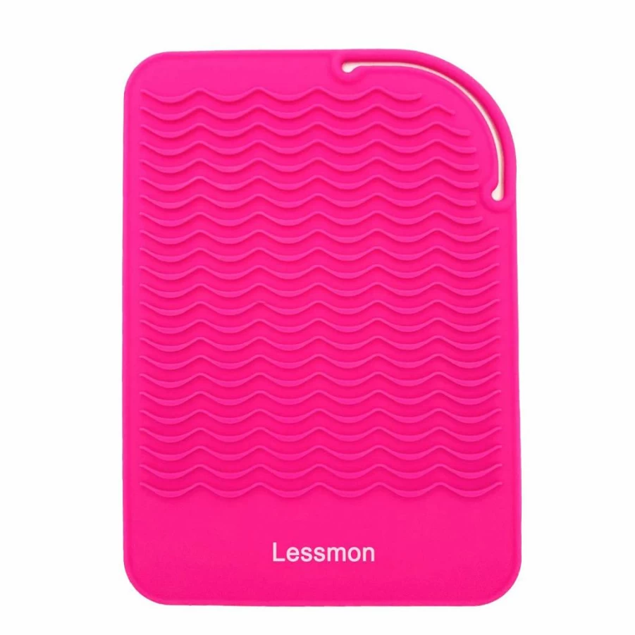 Heat Resistant Travel Mat for Curling Iron & Straightener - 9"x6.5" Pink Counter Protector with Glove | Lessmon Hair Styling Tool Accessory