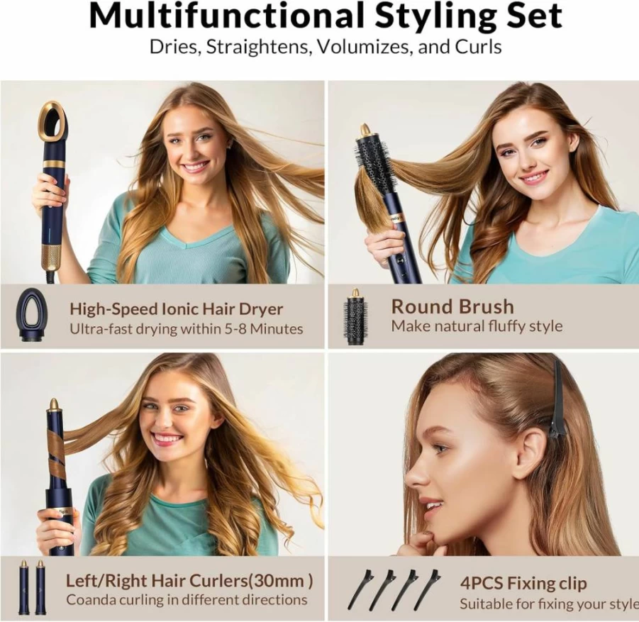 Homdigrk 6-in-1 Hair Dryer Brush & Curling Iron Set - Professional Blowout Tool for Fast Drying, Smoothing, Volumizing with Travel Case, No Heat Damage, Prussian Blue