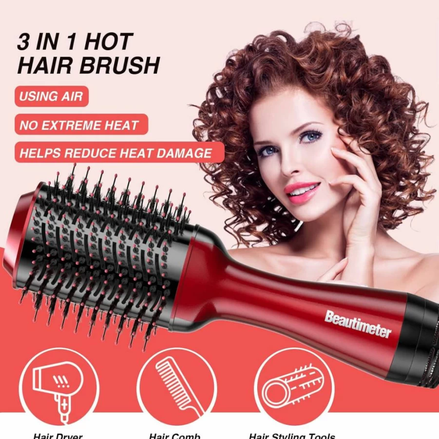 Beautimeter 4-in-1 Hot Air Brush Hair Dryer & Styler with Negative Ion Technology for Frizz-Free Smooth Hair - Oval Barrel Volumizer (Black & Gold)