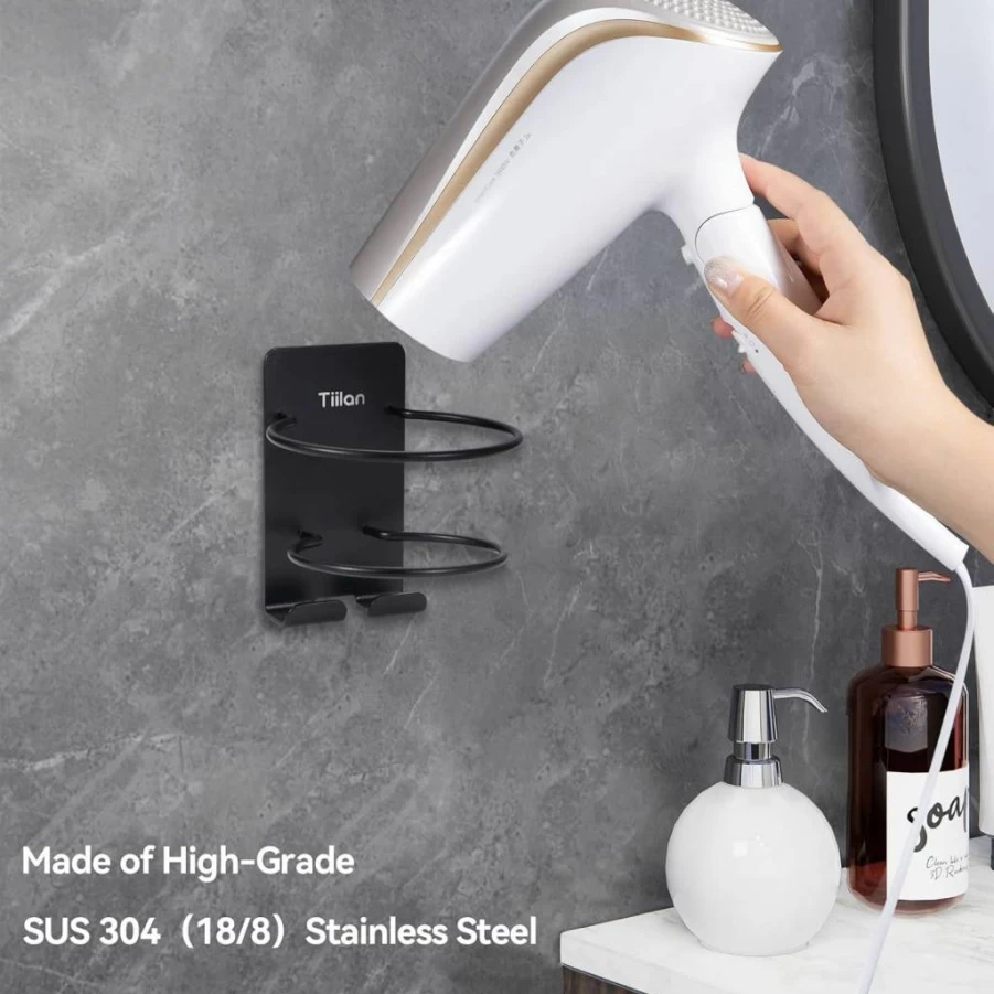 Tiilan SUS 304 Stainless Steel Wall Mount Hair Dryer Holder - Self Adhesive Blow Dryer Organizer for Bathroom, Silver