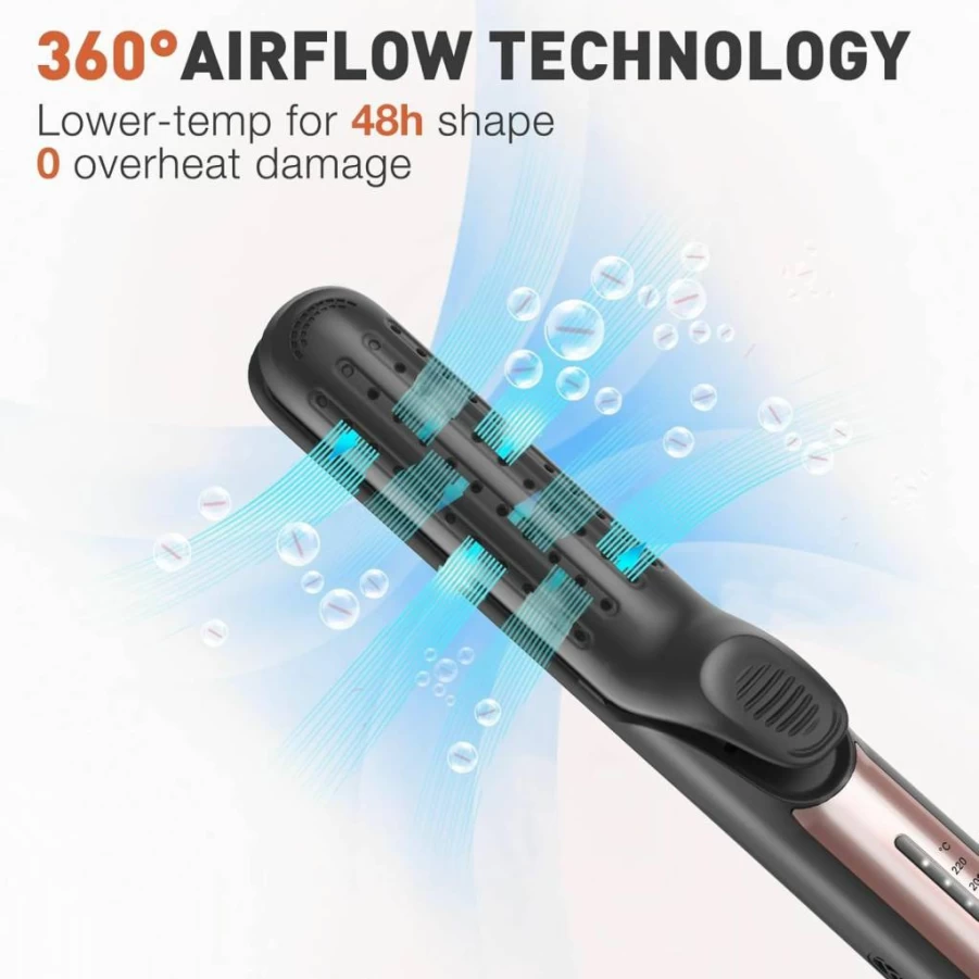 TANSHINE 2-in-1 Curling Wand & Hair Straightener with 360° Airflow Cooling, Adjustable Temperature & Dual Voltage for Travel - Professional Styler for All Hair Lengths