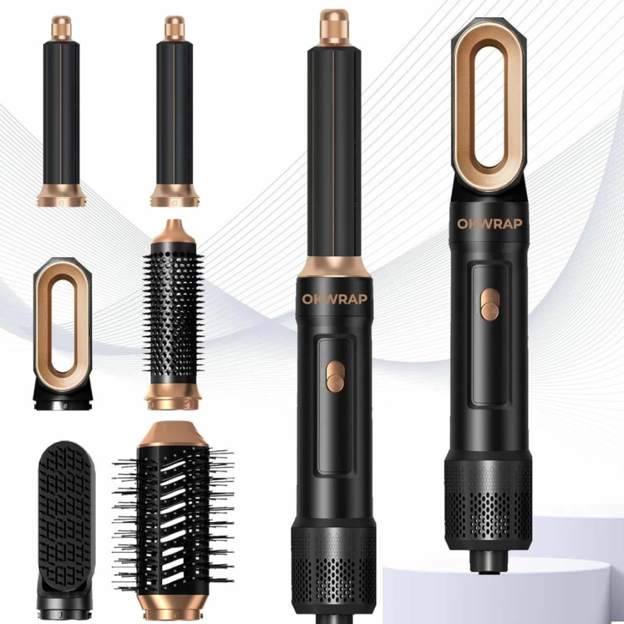 OKWRAP 6-in-1 Ionic Hair Dryer Brush & Curling Iron, 1000W Blowout Styler for Women, Air Styler Round Brush for Frizz-Free Blowouts & Salon Curls