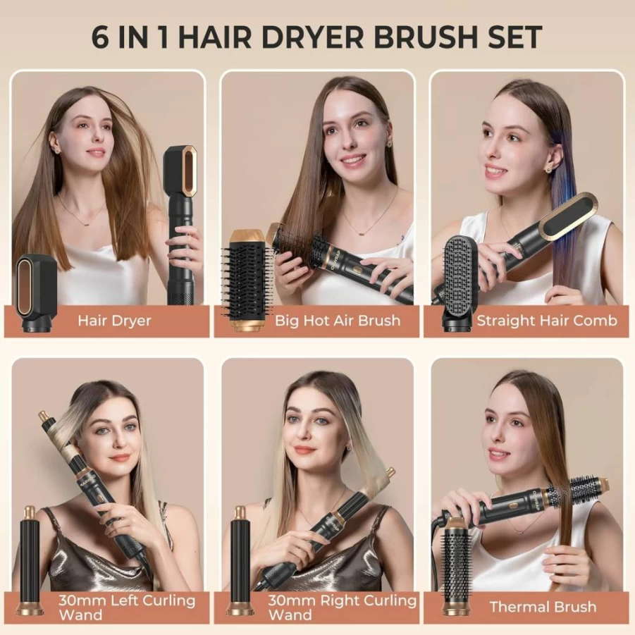 OKWRAP 6-in-1 Ionic Hair Dryer Brush & Curling Iron, 1000W Blowout Styler for Women, Air Styler Round Brush for Frizz-Free Blowouts & Salon Curls