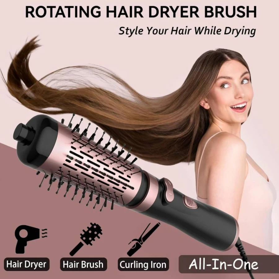 ANWA 1000W 3-in-1 Rotating Hair Dryer Brush with Ceramic Coated Barrel & Detachable Brushes for Salon-Quality Styling - All Hair Types