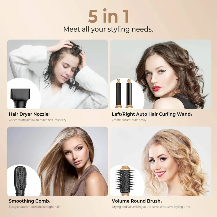 OKWRAP 5-in-1 Ionic Hair Dryer Brush with Detachable Attachments - Volumizing Blow Dryer, Straightener & Styler for Women