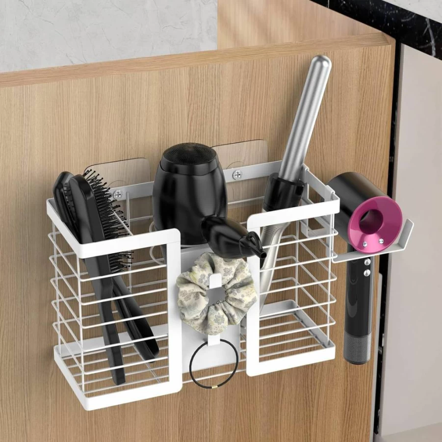 FUNKYLEE 3-in-1 Metal Wall Mount Hair Tool Organizer - Bathroom Storage Holder for Hair Dryer, Flat Iron & Curling Iron, Black