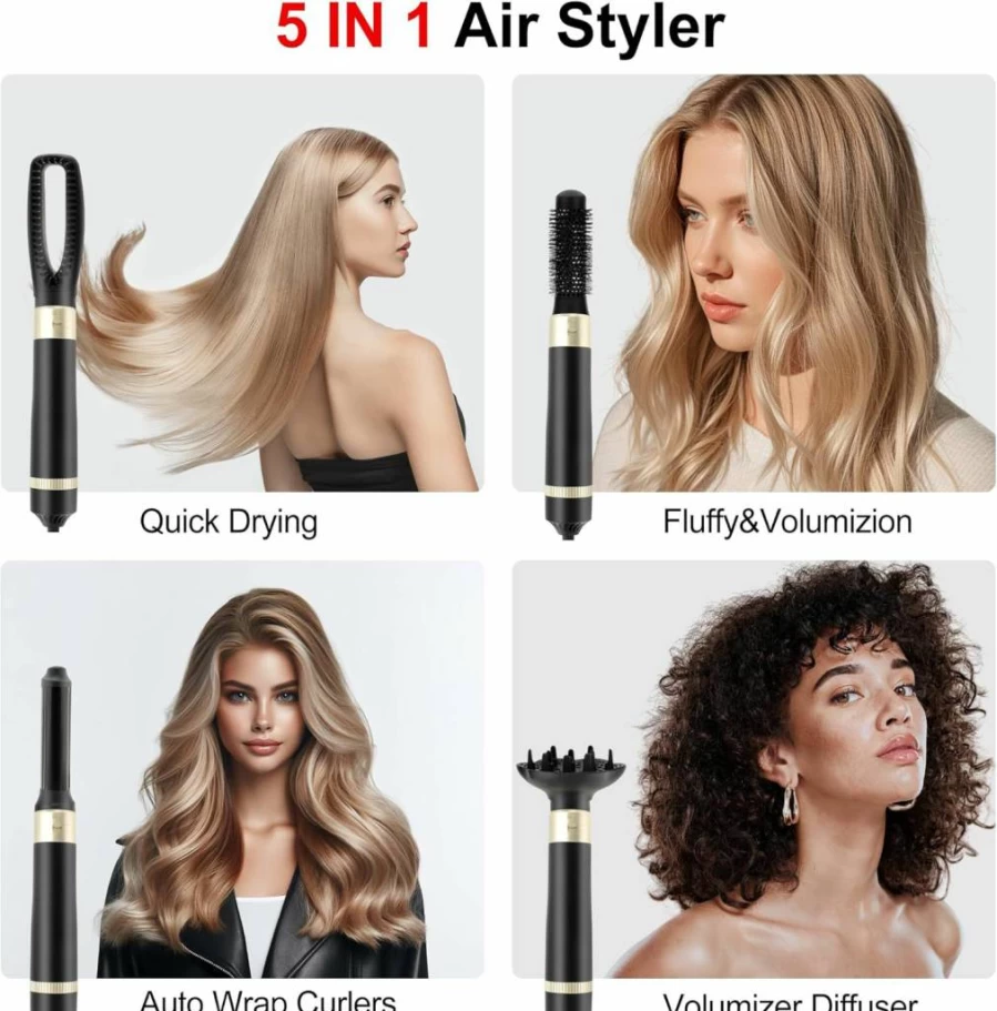 VOCOSTE 5-in-1 Hot Air Brush Hair Styler - Lightweight Blow Dryer & Curling Iron with Attachments for Straightening, Volumizing & Drying, Fast Heating in Champagne