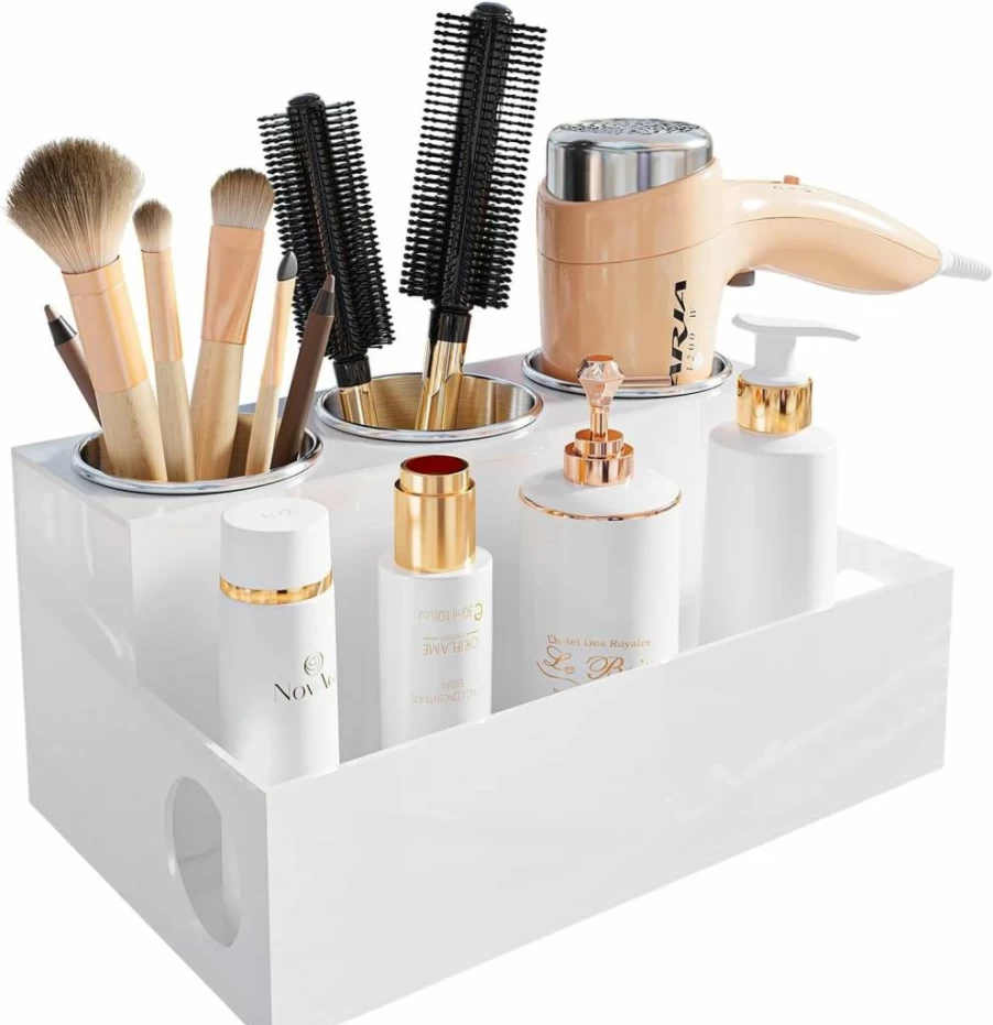 PITBVO Acrylic Hair Tool Organizer with 3 Cups - Blow Dryer Holder for Bathroom Countertop, Vanity Storage Stand for Hair Accessories, Makeup & Toiletries