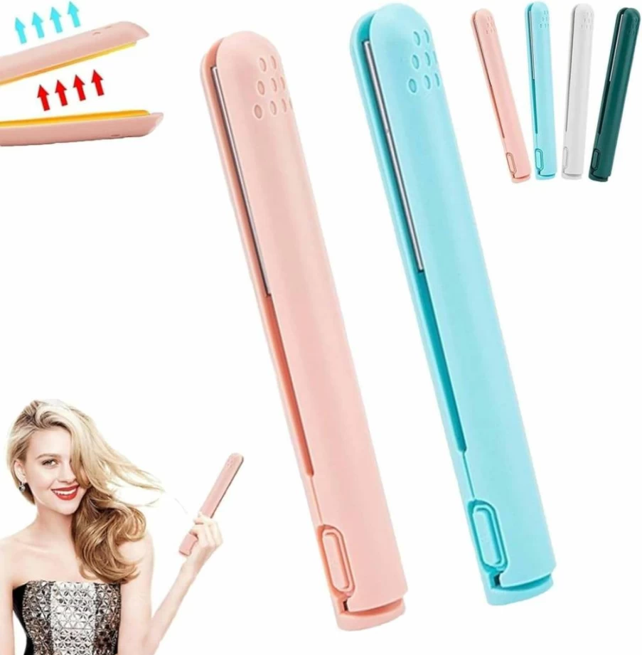 Tudedea Dualglam 2-in-1 Cordless Curling Iron & Straightener - Mini Ceramic Hair Styler for Short Hair, Travel, Lightweight & Portable, Pink