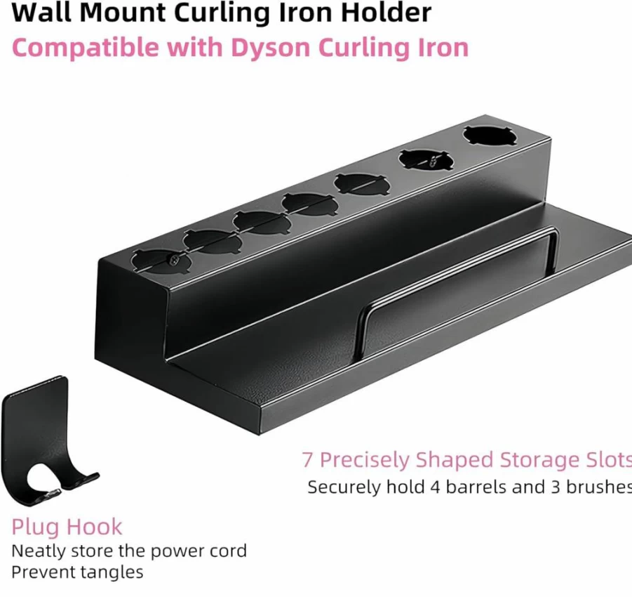 RXLIFE 7-Slot Wall Mount Curling Iron Holder, Black Stainless Steel Hair Tool Organizer for Dyson Styler, Adhesive Mount, Bathroom & Salon Storage Solution