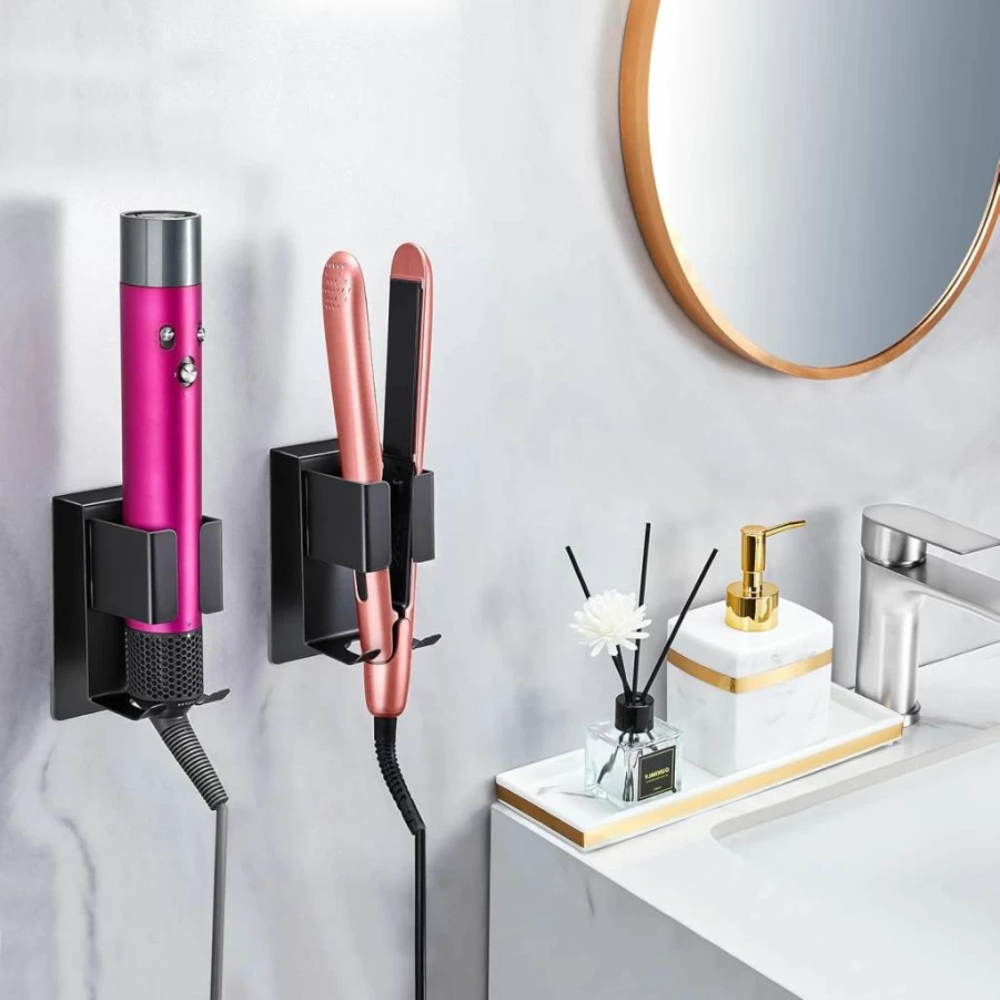 Oukimly Wall Mount Hair Tool Holder - Stainless Steel Organizer for Curling Iron, Straightener, Blow Dryer & Styler Attachments
