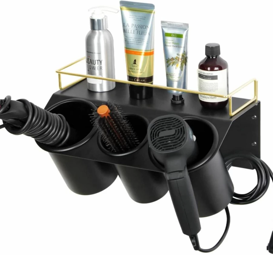 J JACKCUBE DESIGN Wall Mount Hair Dryer Holder with 3 Cup Storage Organizer, Steel Bathroom Vanity Shelf for Hair Styling Tools - MK1002A (Black, Gold)