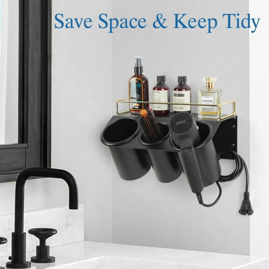 J JACKCUBE DESIGN Wall Mount Hair Dryer Holder with 3 Cup Storage Organizer, Steel Bathroom Vanity Shelf for Hair Styling Tools - MK1002A (Black, Gold)