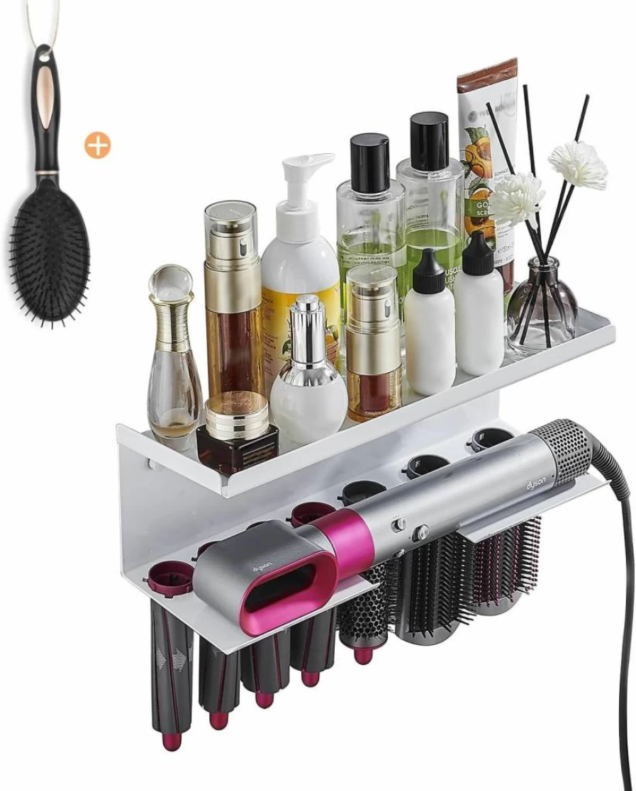 Yimerlen Wall Mount Storage Rack for Dyson Airwrap | Holder for Curling Iron Attachments & Styler | White SUS304 Organizer