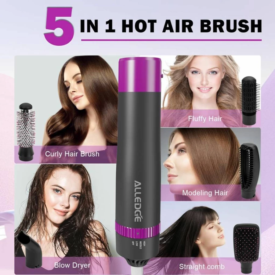 Alledge 5-in-1 Ionic Blow Dryer Brush for Salon-Worthy Blowouts, Straightening, Curling & Styling with Detachable Brush Head & Comb