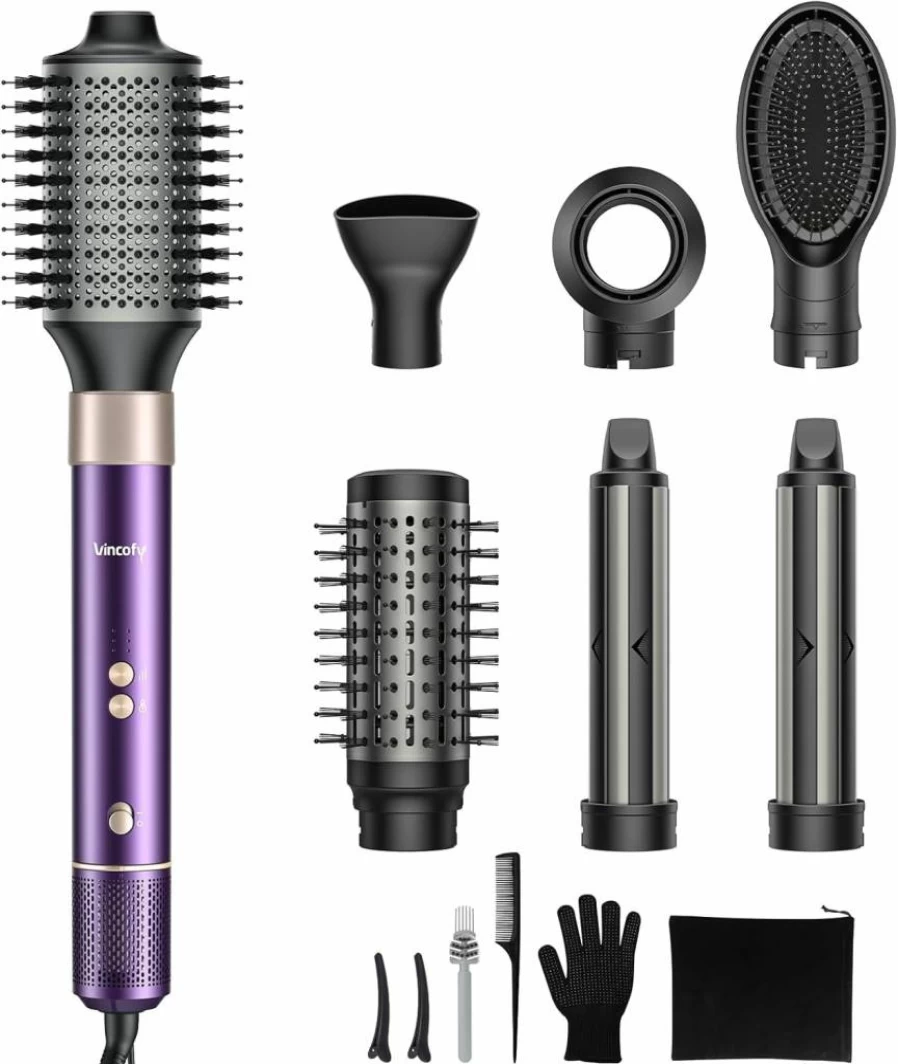 Vincofy 7-in-1 Ionic Blow Dryer Brush: Hair Dryer, Straightener & Curler with 110K RPM for Fast Drying, Voluming & Styling - Purple (All Hair Types)