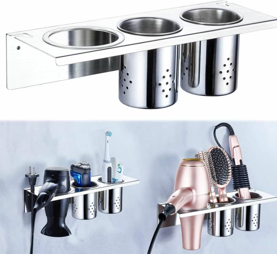XILIMEN Wall Mount Hair Tool Organizer with 2 Cups - Stainless Steel Hair Dryer & Curling Iron Holder for Bathroom Vanity, Brushes & Flat Irons